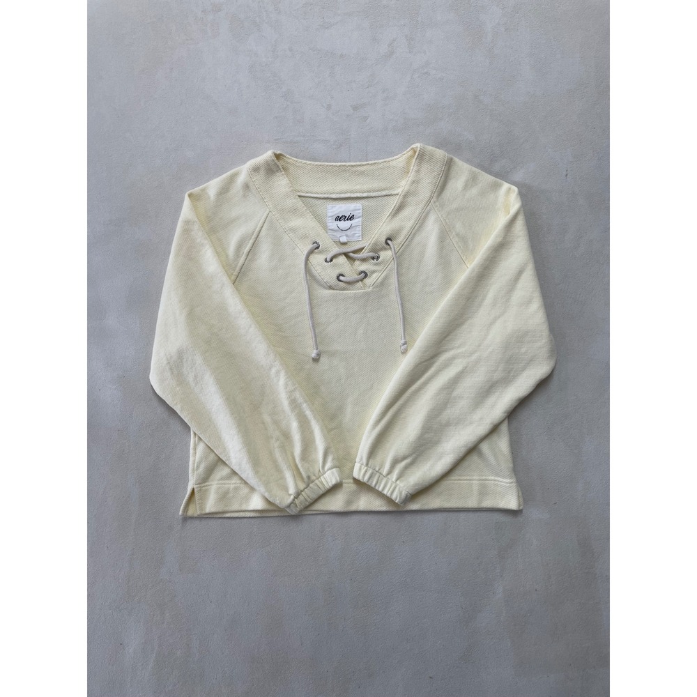 Aerie Womens Small Yellow Lace Up V-Neck Sweatshirt Raglan Long Sleeve Pullover